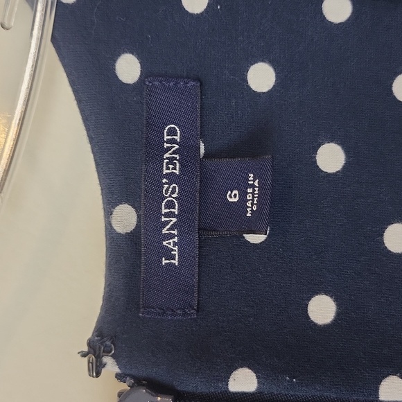 LANDS' END Navy Blue White Polka-dot Top Faux Wrap Side Ruched Knit Dress - Picture 2 of 12